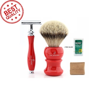 Double Edge Safety Razor and Silver Tip Badger Hair Shaving brush with Resin Handle, Leather Razor Pouch, The Best Gift Idea for Men