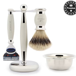 High-Quality Shaving Set with Silver Tip Hair Shaving Brush, 5 Edge Razor, Shaving Stand & Shaving Bowl, The Perfect Gift Idea for Men