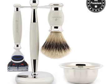 Luxury Quality Shaving Set - 5 Edge Razor - Silver Tip Hair Shaving Brush - Dual Shaving Stand & Shaving Bowl Perfect Gift Set