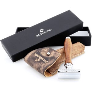 Handcrafted Wood Handle Shaving Razor for Men, Double Edge Safety Razor with Pure Leather Case for Perfect Clean Shave