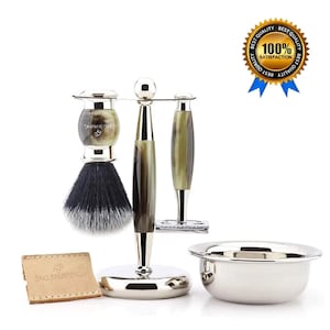 Trousse de rasage pour homme, rasoir de sûreté double tranchant, blaireau synthétique noir, support, bol et étui en cuir pour rasoir, coffret cadeau parfait