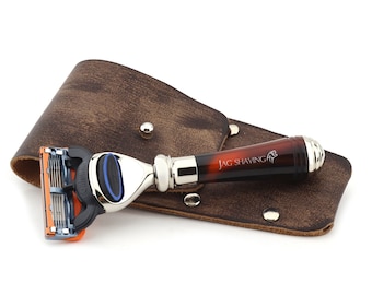 5 Edge Shaving Razor with Resin Handle and Leather Pouch