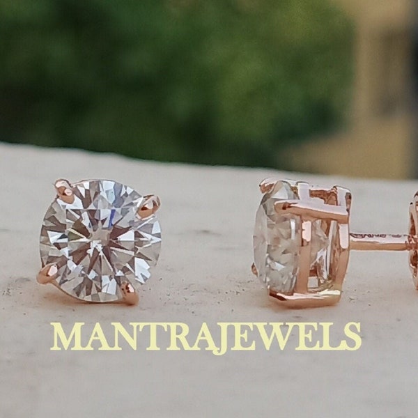 Moissanite Earring / 3.20Ct Round Cut Moissanite Engagement Earring / Stud Moissanite Earrings / Earlobe Screw Back Basket Rose Gold Earring