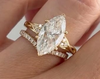 Handmade 3.5CT Marquise Moissanite Engagement Ring Set: 14k Gold Eternity Band