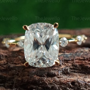 2.45 Carat Elongated Cushion Cut Moissanite Ring, Yellow Gold Engagement Ring, Solitaire Accent Moissanite Diamond Wedding Ring
