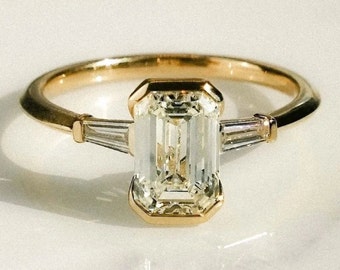 Emerald Moissanite Half Bazel Engagement Ring: Yellow Gold Three Stone Ring, Baguette Side Diamond