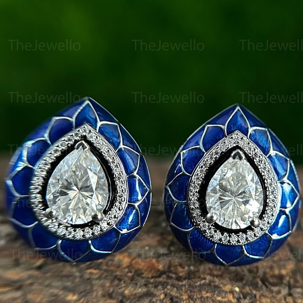 Unique Moissanite Blue Enamel Earrings Pear Shaped Halo Moissanite Earrings Stud 14k White Gold Earrings Daily Wear Earrings