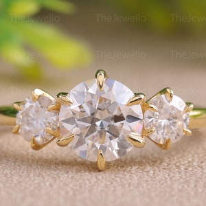 Three Stone Engagement Ring 14K/18k Yellow Gold Bridal, Past Present Future Ring, Moissanite Engagement Ring, Three stone Moissanite Ring