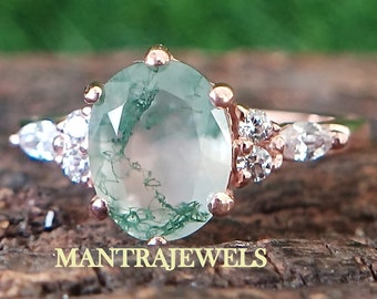 2.30ct Oval Green Moss Agate Engagement Ring Rose Gold Cluster Aquatic Agate Promise Ring Woman Marquise Cut CZ Diamond Wedding Ring