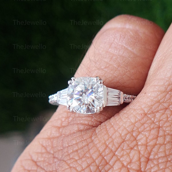 Antique Cushion Cut Moissanite Engagement Ring, Elongated Cushion Cut Ring, Side Tapper Moissanite Engagement Ring