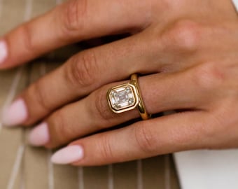 3.10ct Asscher Moissanite Double Bezel Ring 14K Yellow Gold 3mm Domed Band