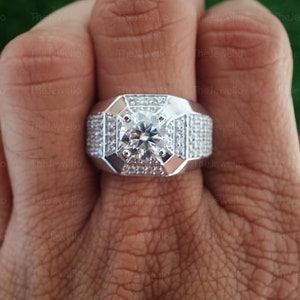 Round Moissanite Mens Moissanite Ring, 8mm 2.00Ct Round Cut Diamond Engagement Ring For Him, 925 Sterling Silver Statement Ring