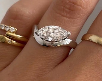 Marquise Lab Diamond East West Bypass Ring, 14K White Gold Tension Set Bridal Jewelry