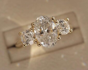 Oval Lab Grown Three Stone Ring, 14K Gold Round Side Stone Bridal Jewelry