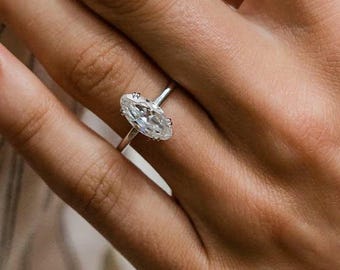 Old mine moval Moissanite Solitaire Ring with Double Prongs in 925 Sterling Silver