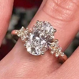 4 CT Oval Moissanite Engagement Ring: 14K Gold Floral Wedding Band