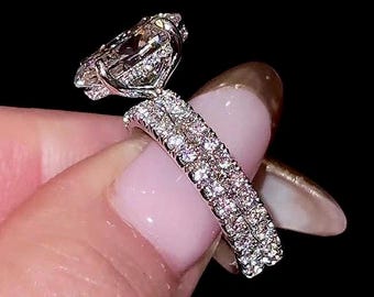 3,50 ct ovalslipad moissanit brudset, förlovningsring i 14 karat guld med alliansband