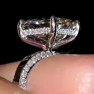 7 CT Emerald Cut Moissanite Engagement Ring: Hidden Halo Pave Band