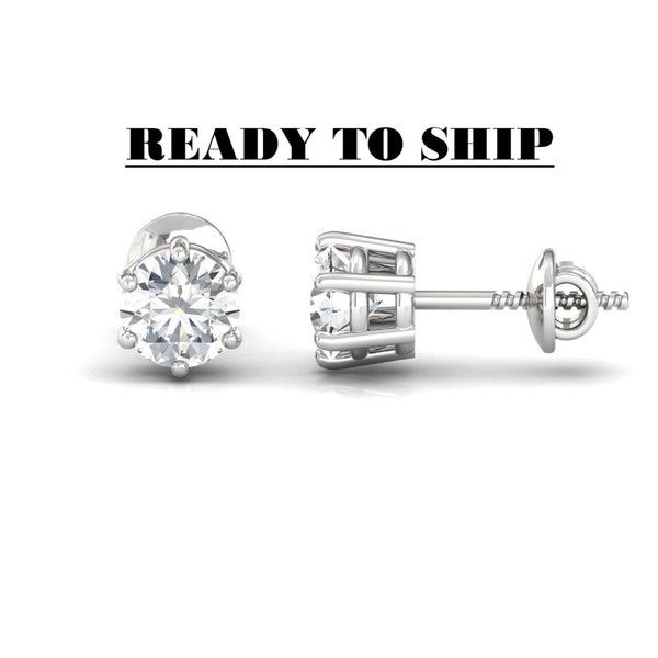 925 Silver D Color VVS1 Round Moissanite Screwback Studs, 2 Carat Colorless Moissanite Stud Earrings, Sterling silver 6.50 mm
