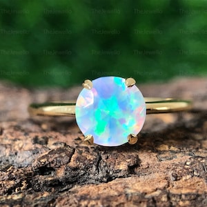 White Fire Opal Ring, 14K Yellow Gold Opal Sterling Silver Ring, Fire Opal Ring, Multicolour Fire Opal, October Birthstone Ring