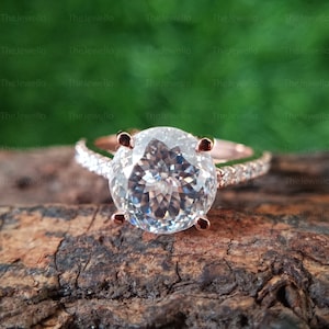 Anello con moissanite incolore taglio portoghese da 3,20 TW, anello di fidanzamento con solitario rotondo, anello in oro rosa massiccio 14 carati con moissanite