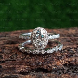 Art Deco Oval Moissanite Wedding Bridal Ring Set, Halo Oval Moissanite Engagement Ring with Eternity Wedding Band, Promise Ring Gift For Her