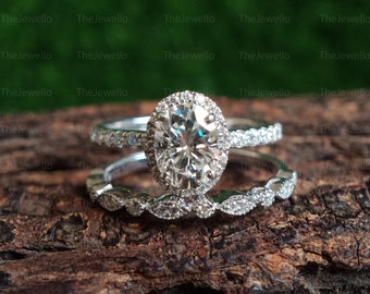Art Deco Oval Moissanite Wedding Bridal Ring Set, Halo Oval Moissanite Engagement Ring with Eternity Wedding Band, Promise Ring Gift For Her