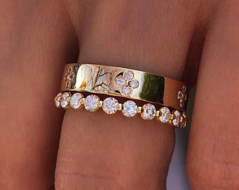 Moissanite Flower Cluster Shared Prong Eternity Set, 14K Yellow Gold Stackable Bridal Jewelry