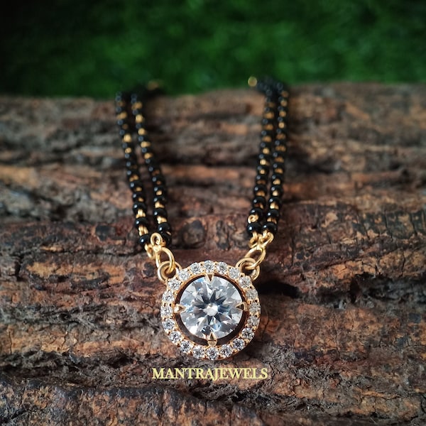 Mangalsutra Rund Anhänger Halskette - Vergoldete Schwarze Perlen Kette - Moissanite Solitaire Halskette für Frauen - Hochzeitsanhänger