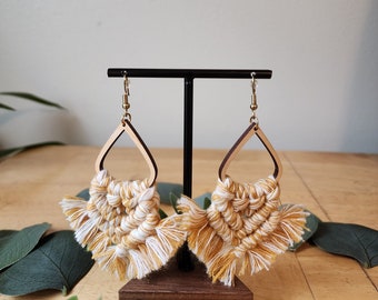 Macrame Wood Teardrop Fringe Earrings | Boho Earrings | Macrame Jewelry | Wood Jewlery | Diffuser Jewelry | Handmade Jewerly | Gifts