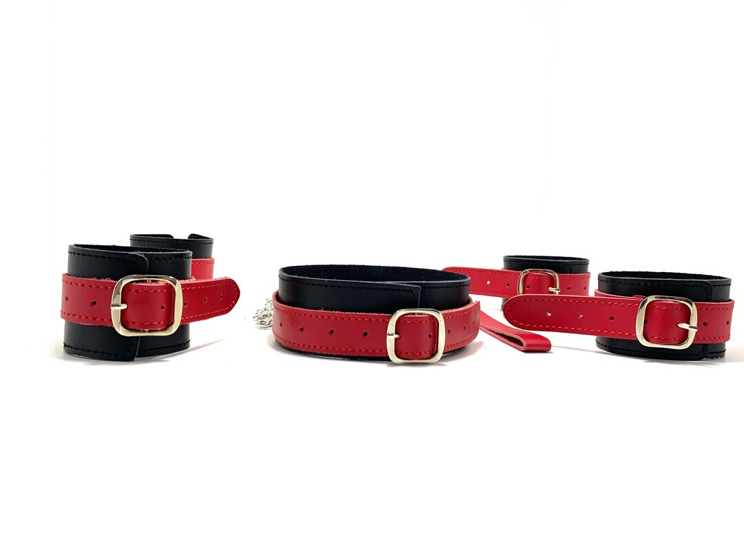 Genuine Leather Red Black Restraint Set, BDSM Gear Set, Handcuffs and Leg Cuffs, Collar and