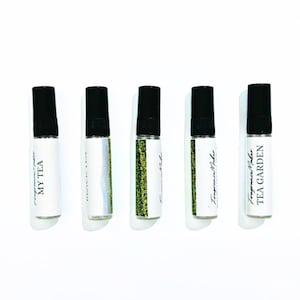 Tea Perfume Sample Set  for Tea Lovers | Unisex Fragrances: Black Tea, Earl Grey, Spicy Ginger Tea, Floral Rose, Green Tea | Christmas Gifts