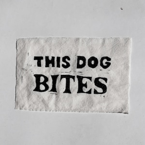 Pode incluir: Um sinal de tecido branco com letras pretas que diz "THIS DOG BITES".
