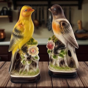Set of Two Vintage Hand Painted Ceramic Bird Figurines, Japan, Mid Century