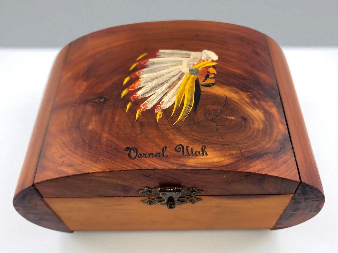 Native Cedar Box Vintage Cedar Wood Box, Native American Chief, Vernal Utah, Souvenir ...