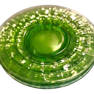 Set of 4 Vaseline Glass Saucers, Block Optic, Anchor Hocking, Green Depression Glass, Glows, 1929-1933