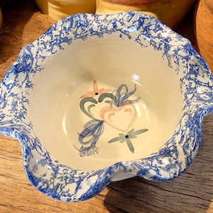 Ellis Pottery Handcrafted bowl, Signed, Spongeware, Hearts, Scalloped edge bowl, Signed