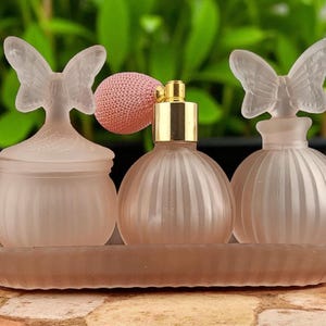 Vintage Mid Century Frosted Pink Vanity Set, Butterflies