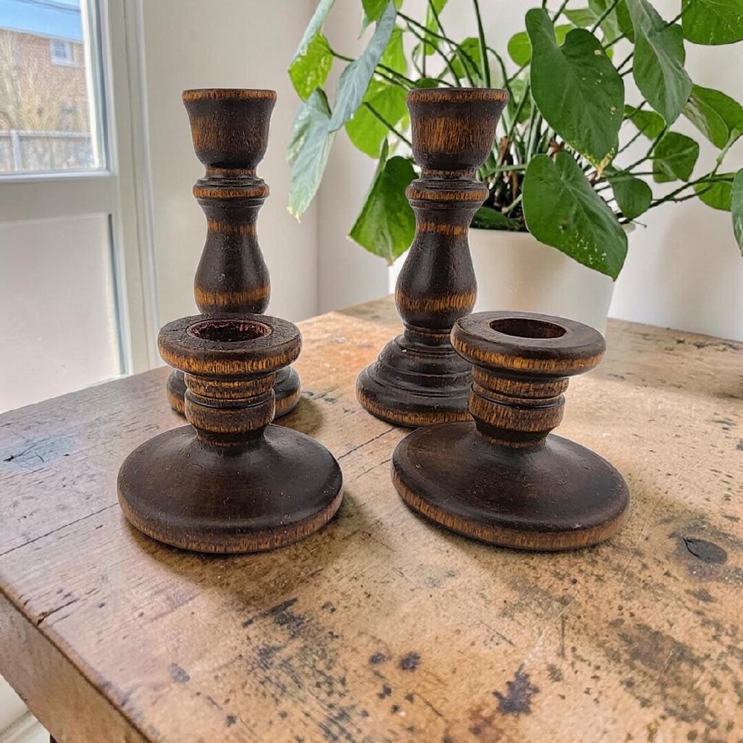 Vintage Dark Brown Turned Wood Candlestick Holders Rustic Finish - Etsy