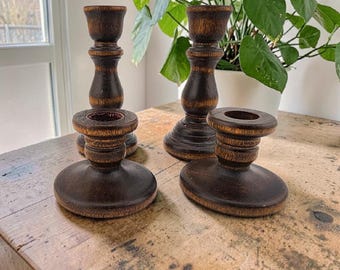 Vintage Dark Brown Turned Wood Candlestick Holders Rustic Finish