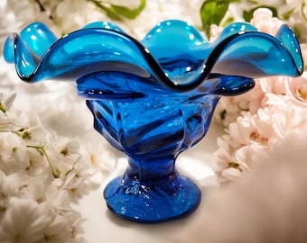 Vintage Blue Viking Glass Candy Dish, Wavy Edge, Pedestal Base, Raised Leaf Pattern, Compote