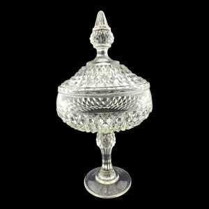 Vintage Indiana Glass Diamond Point Pedestal Candy Dish with Lid