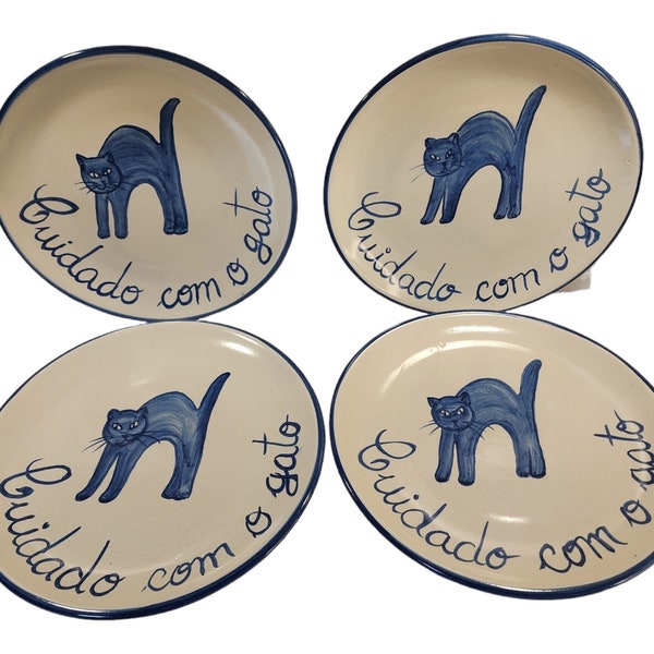 Be Careful with the Cat Plates Hand painted and signed Christine B. Claro Portugal Pottery