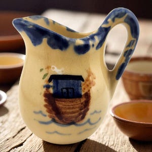 May include: A small, cream-colored ceramic pitcher with a blue handle and rim. The pitcher features a hand-painted design of a blue house on a brown boat, with blue water lines. Several small ceramic bowls are in the background.