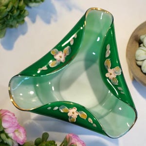 Bohemian Czech Art Glass Dish Cased Hand Painted Green with Pink Flowers