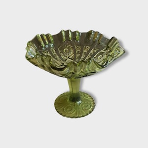 Imperial Glass Green Pedestal Bowl with Starburst Pattern, Ruffled Edge, Collectible Glass