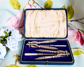 Beautiful Edwardian silver plated nut crackers and nut picks with mother of pearl handles