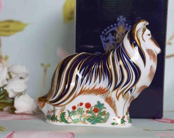 Large Royal Crown Derby : 22 carat gold and fine porcelain, Rough Collie paperweight with pure gold stopper (2003)