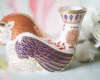Exquisite 22 carat gold and fine porcelain Royal Crown Derby bull candle holder from the Mythical Beasts Collection: boxed