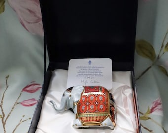 Limited edition Royal Crown Derby Mulberry Hall Baby Elephant : 22 carat gold fine porcelain large paperweight (gold stopper) artist signed